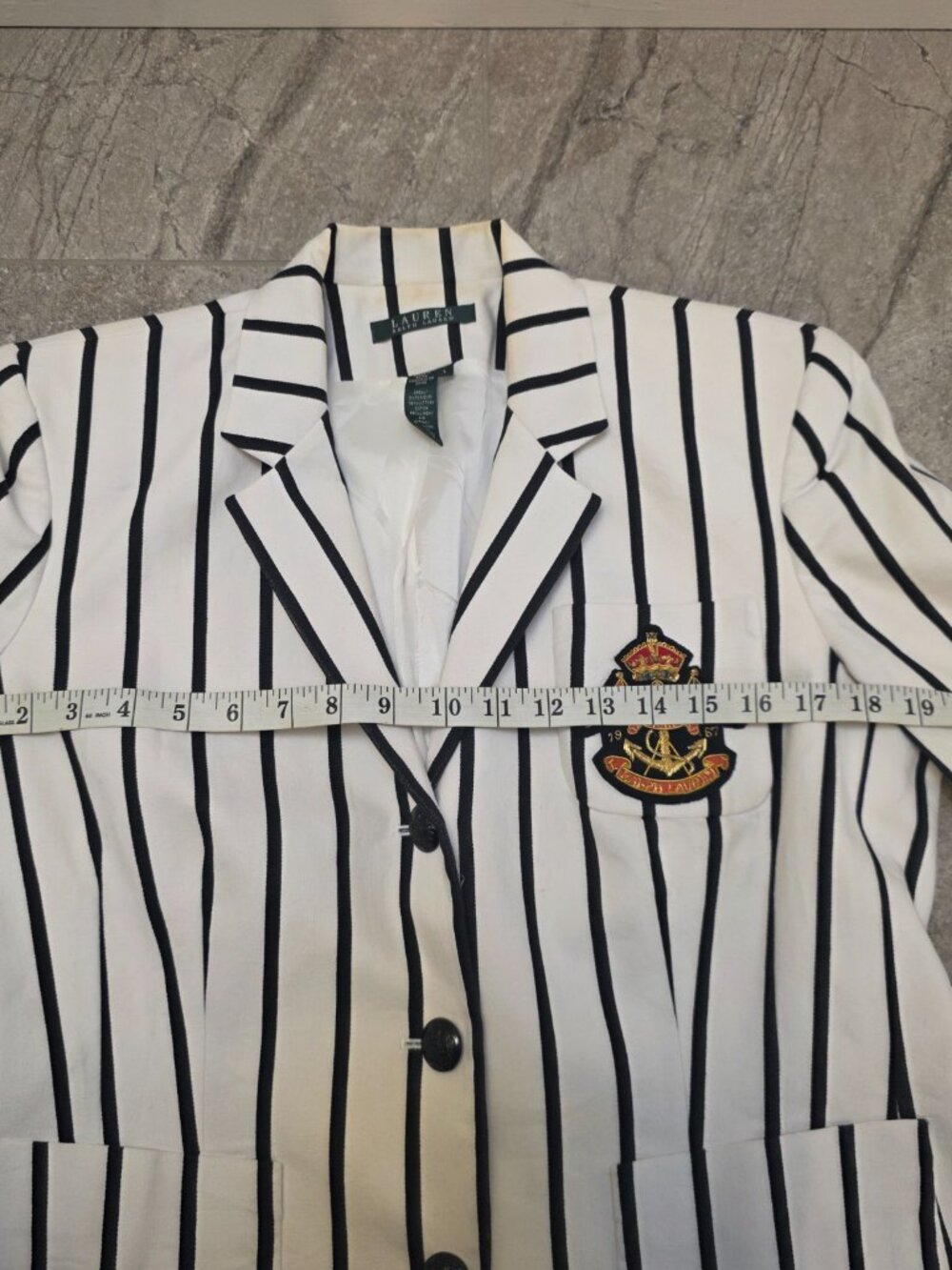 LAUREN Ralph Lauren Women's Lrg White Black Striped Blazer Jacket Crest 1967 - Picture 7 of 9
